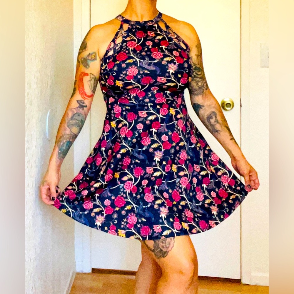 Peacock Feather Rose Floral Summer Mini Dress